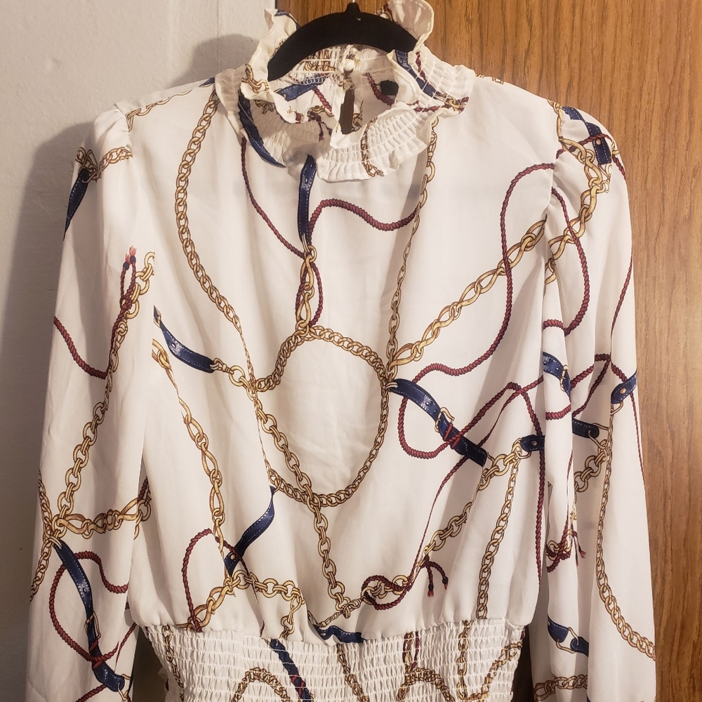 White Blouse W/Navy Blue and Gold Detailing